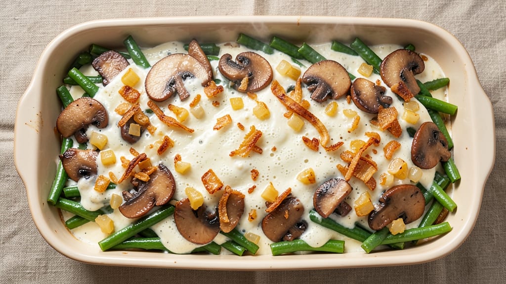 Alton Brown's Best Ever Green Bean Casserole Recipe: Crispy Fried Onions Over Creamy Mushroom Sauce