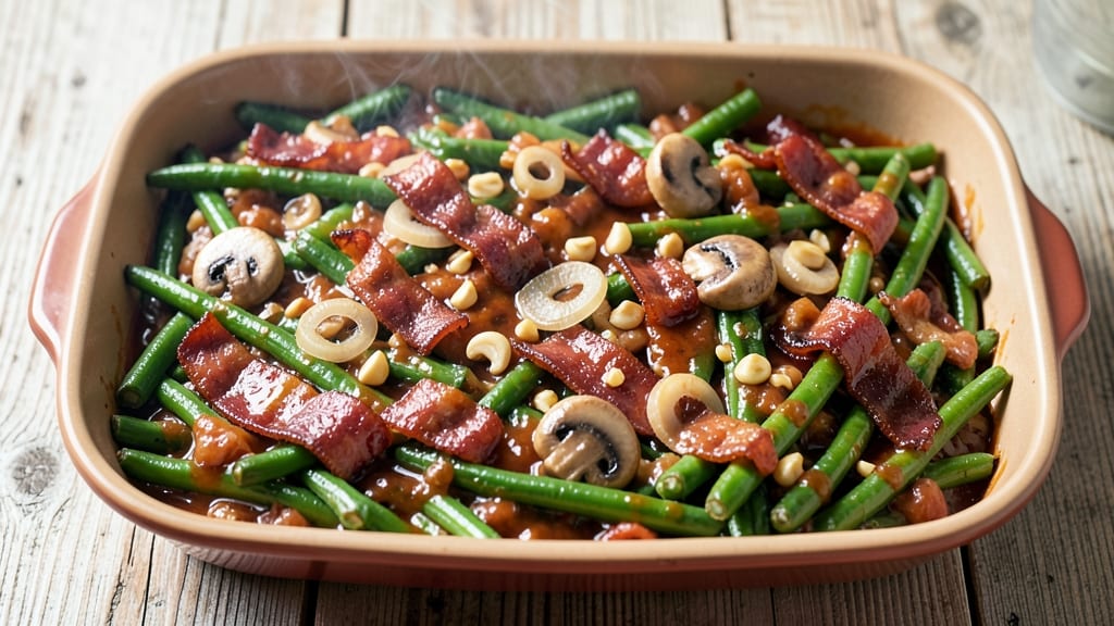 BBQ Green Bean Casserole Recipe: Smoky Bacon Crunch Over Creamy Tomato Mushroom Layers