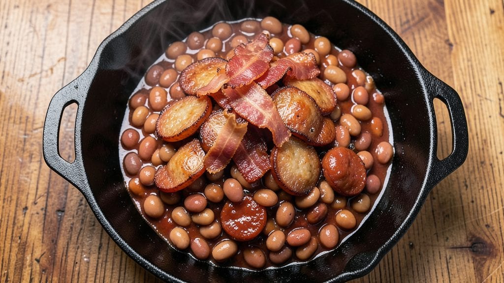Bush's Baked Beans with Sausage Recipe: Smoky Bacon Crunch Over Caramelized Tomato Base