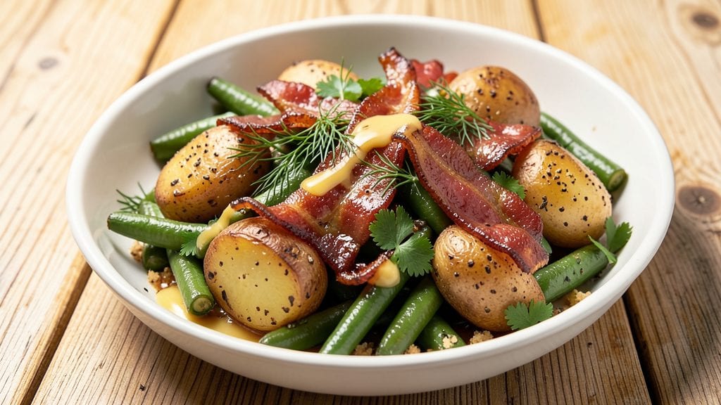 Country Ranch Green Beans and Potatoes With Bacon Recipe: Smoky Bacon Crisp and Herby Freshness
