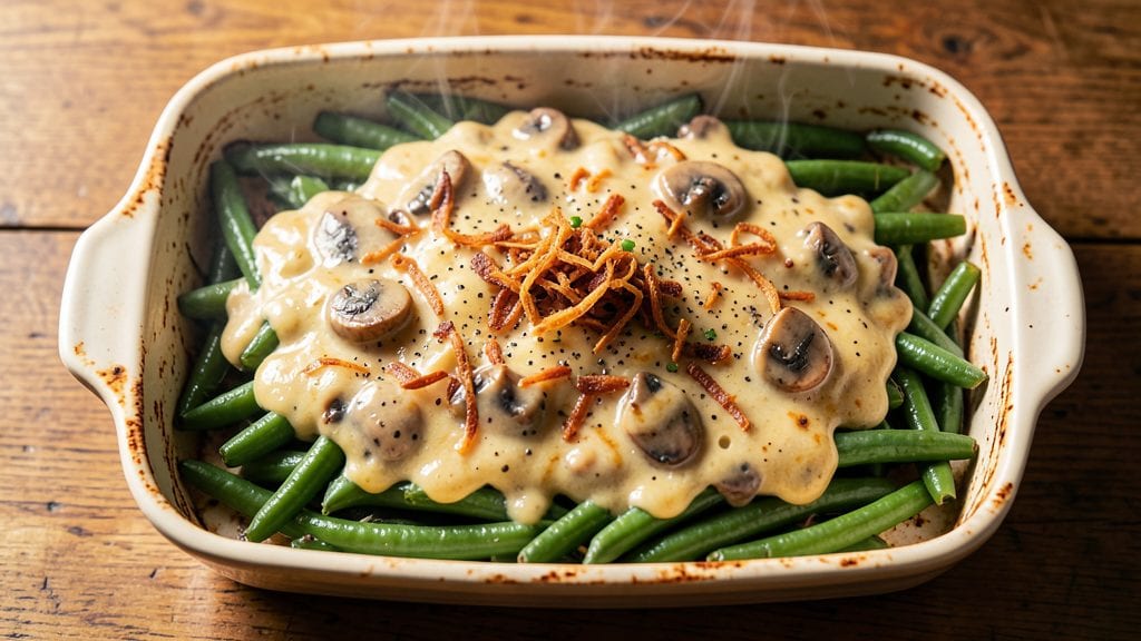 Cracker Barrel Green Bean Casserole Copycat Recipe: Crispy Top, Creamy Mushroom Layers