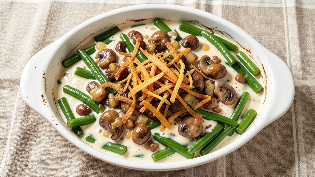 Green Bean Casserole Recipe With Canned Beans: Creamy Mushroom Sauce Over Crunchy Fried Onions
