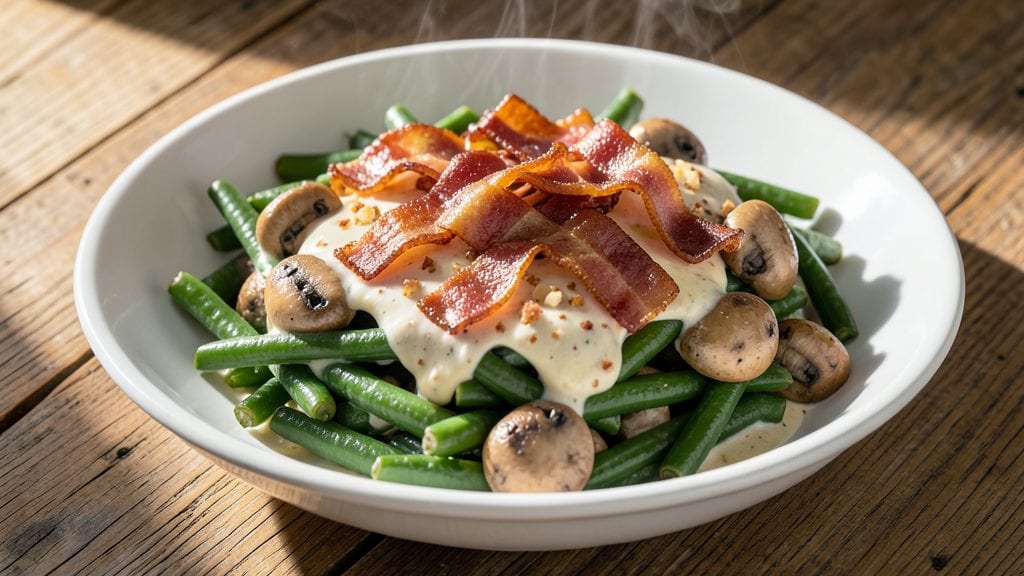 Outback Green Beans Copycat Recipe: Crispy Bacon Bits Over Creamy Mushroom Sauce