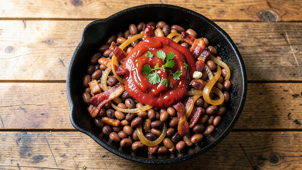 Rudy's BBQ Beans Copycat Recipe: Smoky Bacon Crunch Over Velvety Tomato Swirls
