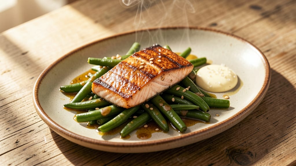 Salmon and Green Beans Recipe: Pan-Seared Crispy Salmon with Almond Butter Glaze