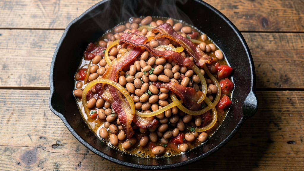 Vaquero Beans Recipe: Crispy Bacon Topping Over Smoky Tomato Base
